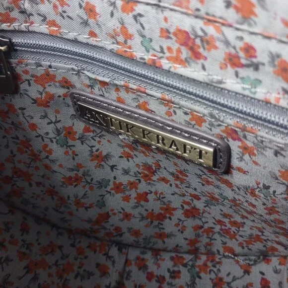 Antik Kraft Round Crossbody Bag Gray Brown Faux Leather Braided Handle - Picture 9 of 14